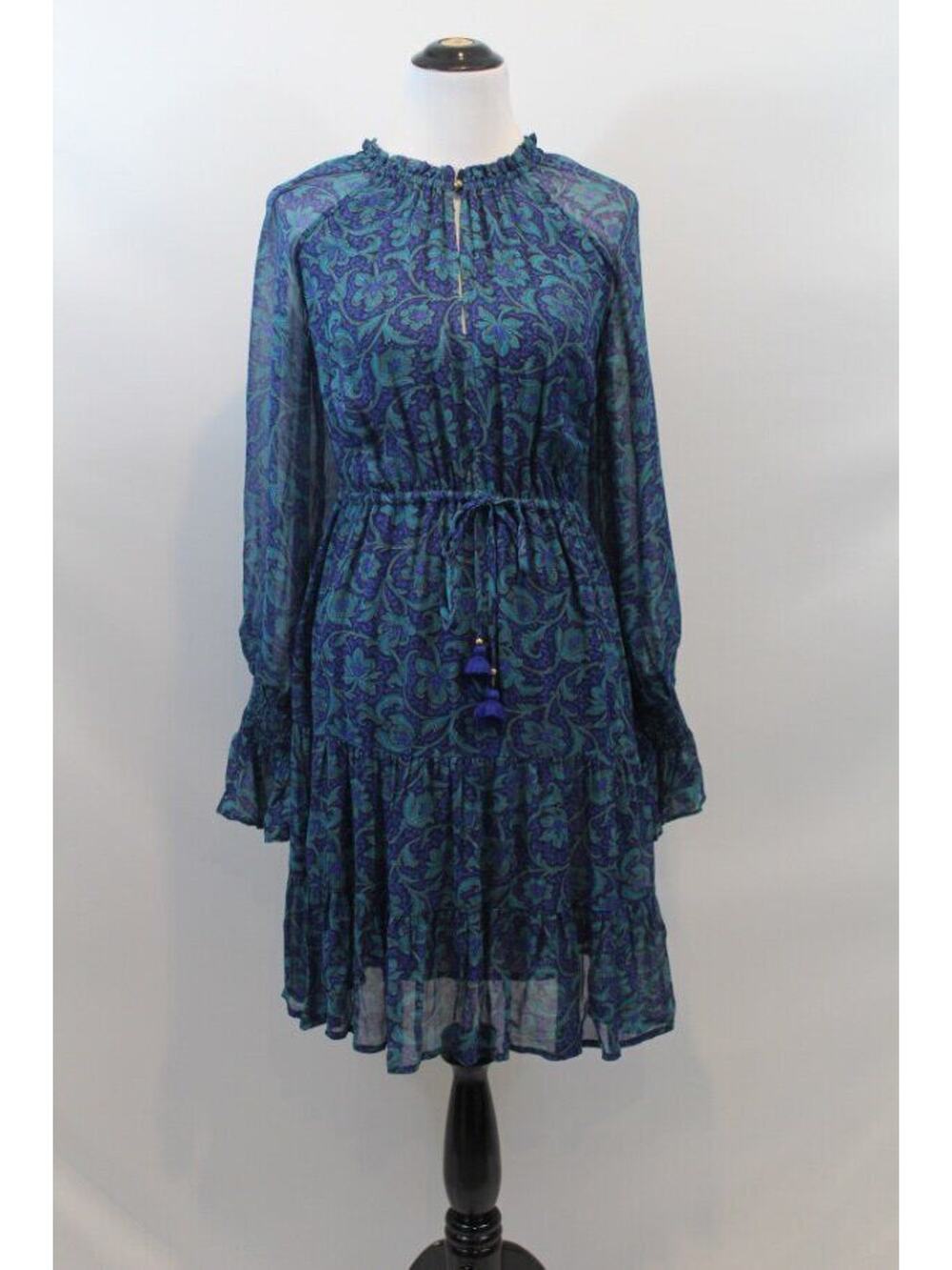 FIGUE Sz XS Blue Green Floral Kaia Smocked Dress Long Sleeve Boho